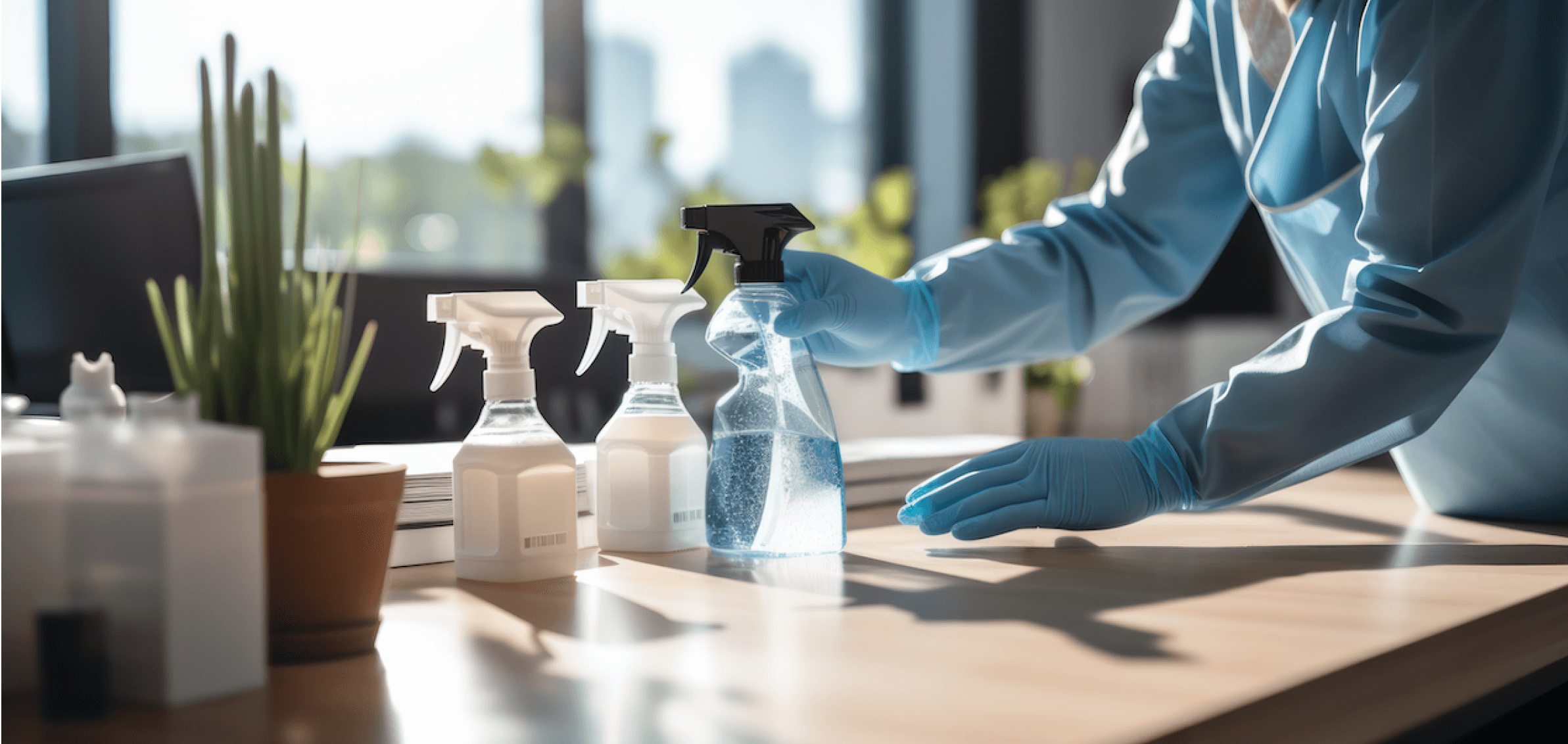 Commercial cleaning supplies and gloved hands