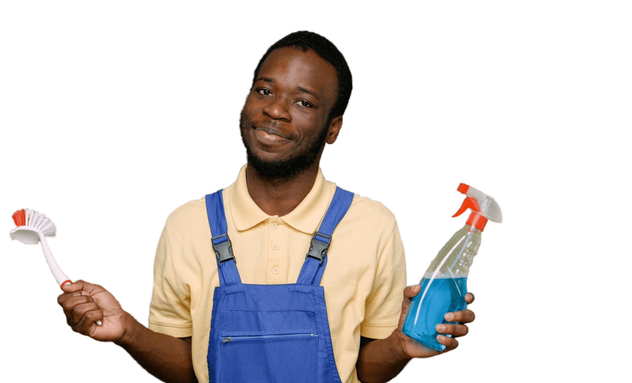 Cleaning service worker holding cleaning supplies