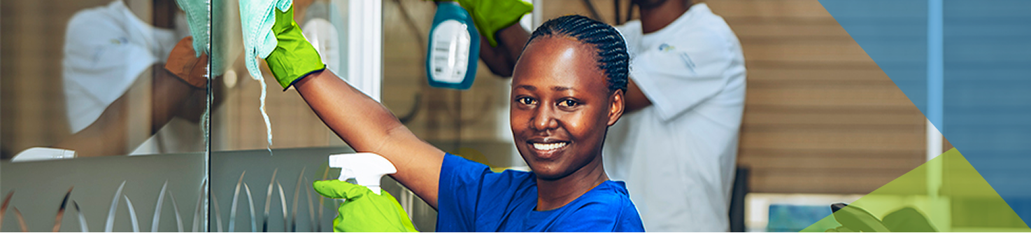 Cleaning professionals wearing masks and gloves