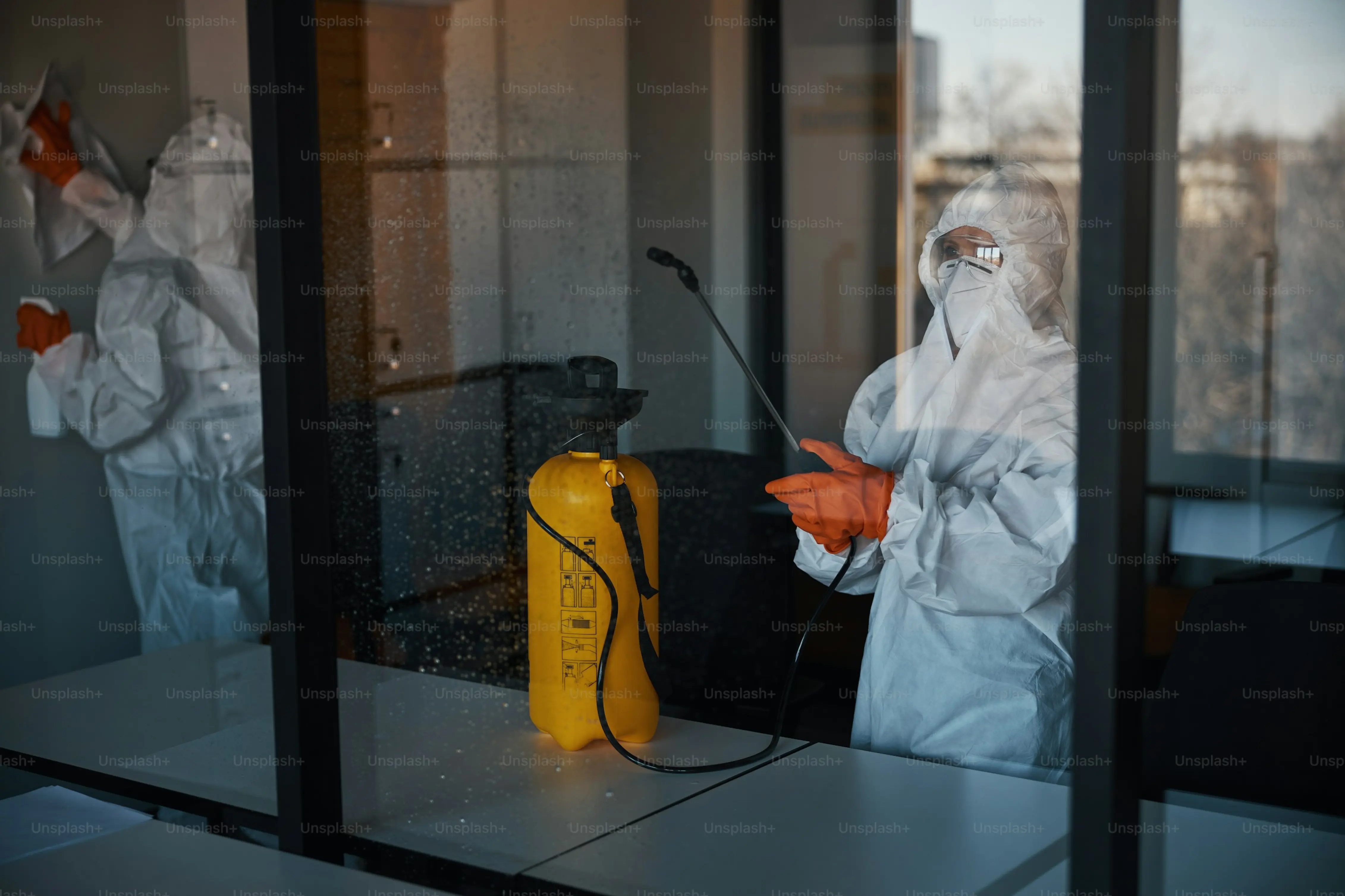 Cleaning professionals wearing masks and gloves